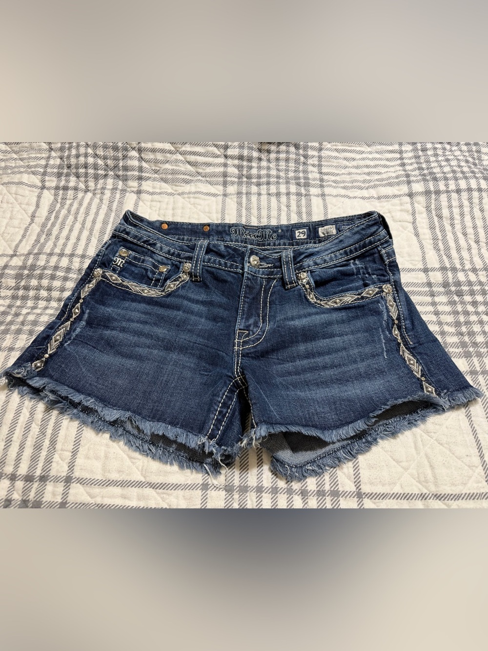 Miss Me Dark Blue Denim Shorts with White Stitching